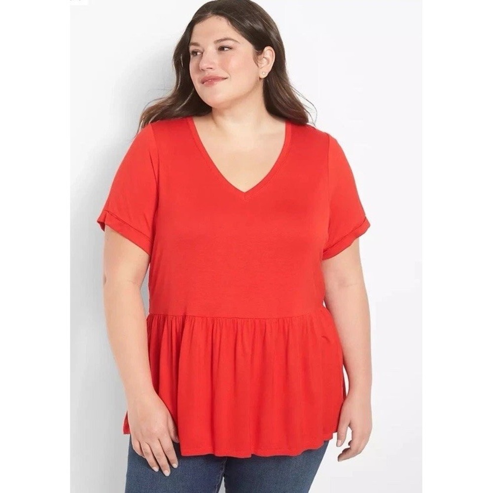 Lane Bryant Swing Short-Sleeve V-Neck Babydoll Tee Goji Berry Red Plus SZ 18/20